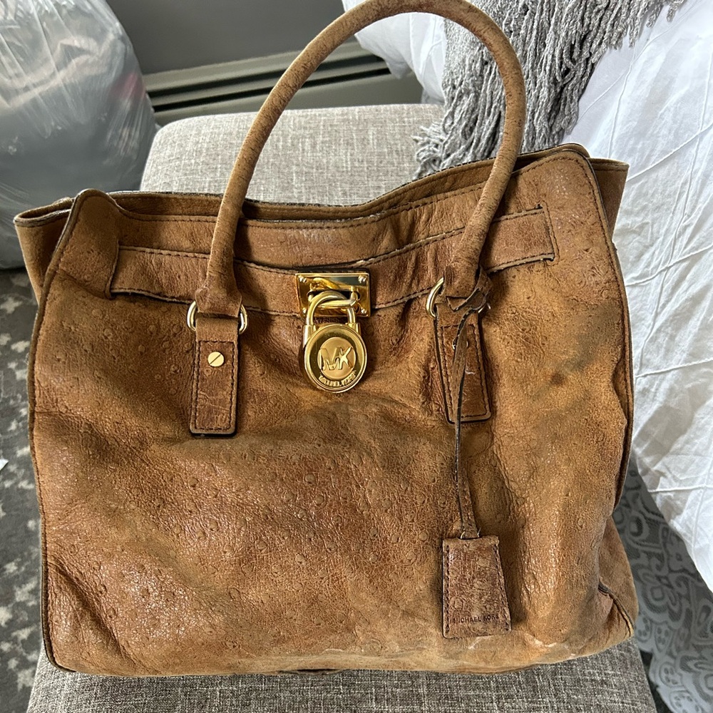 Authentic Michael Kors Ostrich Embossed Camel Distressed Suede Hamilton Shoulder